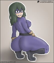 1girls 2d ass ass_focus big_ass big_butt bodysuit boku_no_hero_academia costume female female_focus female_only green_hair hero_outfit_(mha) lizardy long_hair looking_at_viewer looking_back my_hero_academia posing purple_bodysuit shark_teeth sideboob smile smiling smiling_at_viewer squatting tight_clothes tight_clothing tokage_setsuna warbeastinc.