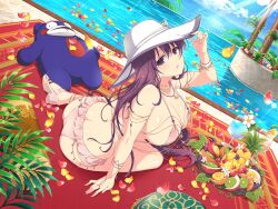 arm_support armlet ass back bare_arms bare_back bare_legs bare_shoulders bare_thighs bikini blush body_blush bracelet breasts bridal_gauntlets butt_crack cleavage collarbone feet frilled_bikini hat huge_breasts jewelry long_hair marvelous micro_bikini murasaki_(senran_kagura) official_art on_floor open_mouth pink_bikini poolside purple_eyes purple_hair sandals senran_kagura senran_kagura_new_link shiny_skin sideboob slingshot_swimsuit thighs water yaegashi_nan