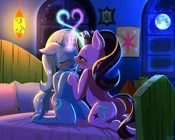 friendship_is_magic kissing moonlight my_little_pony on_bed phoenixperegrine starlight_glimmer trixie_lulamoon yuri