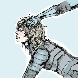 1boy biting_lip blonde_hair blonde_male closed_eyes clothed doggy_style gay gay_sex hair_pull long_hair messy_hair metal_gear_solid no_visible_genitalia pulling_hair raiden_(metal_gear) solid_snake sweat