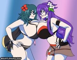 2girls alternate_costume angry armpits bare_arms bare_midriff bare_thighs bent_over bikini bikini_skirt black_bikini black_swimsuit blue_background blue_eyes breast_press breasts burplenurpless byleth_(fire_emblem) byleth_(fire_emblem)_(female) capelet choker cleavage clenched_teeth competition confident female female_only fingerless_gloves fire_emblem fire_emblem:_three_houses fire_emblem_warriors:_three_hopes flower glaring gloves gradient_background hair_between_eyes hair_flower hair_over_one_eye hands_on_own_hips hourglass_figure huge_breasts long_hair looking_at_another medium_hair midriff multiple_girls navel nintendo official_alternate_costume purple_background purple_eyes purple_hair shez_(female)_(fire_emblem) shez_(fire_emblem) sideboob standing swimsuit symmetrical_docking teal_hair thick_thighs very_long_hair wide_hips