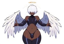 1boy ai_generated alriel angel angel_wings black_femboy catholic christianity curvy dark-skinned_male dark_skin femboy hair_over_eyes halo monster_femboy mullon novelai public_domain thick_thighs trap white_hair wings