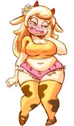 1girls blush blush_lines bovine character_request chubby cow_(character) cow_and_chicken cow_horns cow_print fat fat_woman female female_only flower_in_hair horns long_hair minus8 pink_shorts solo