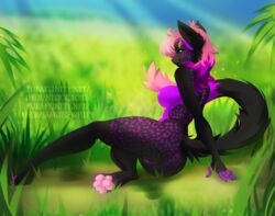 2018 4_toes 5_fingers anthro black_fur day detailed_background eyebrows eyelashes feline female fur furry grass mammal nipples nitricacid nude outdoors pawpads pink_hair purple_fur pussy samuel-white sky smile solo spots spotted_fur toes