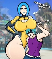 1girls big_breasts biggy_deez blue_hair boob_window borderlands bottom_heavy breasts breasts_on_head cameltoe clothing edit female hand_on_hip larger_female leotard long_sleeves looking_at_viewer luzbel maya_(borderlands) siren_(borderlands) size_difference smaller_male smiling_at_viewer text thick_thighs thunder_thighs turquoise_hair wide_hips