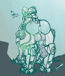 2d animal_genitalia anus ass blizzard_entertainment breasts centaur dialogue dickgirl english_text equine equine_taur gun horn intersex living_machine looking_back machine mammal omnic orisa overwatch protector_orisa ranged_weapon robot simple_background solo taur text unknown_artist video_games weapon