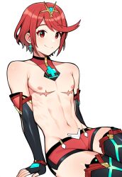 ai_generated alternate_hairstyle andromorph chest_jewel core_crystal_(xenoblade) cross cross_chest_jewel fingerless_gloves intersex mastectomy_scar naked nude pyra pyra_(xenoblade) red_eyes red_hair red_shorts robofun rule_63 smile solo thighhighs tiara toned_male topless topless_male xenoblade_chronicles_2