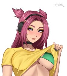 alune bikini breasts choker female female_focus female_only headphones heartsteel_alune heartsteel_series league_of_legends long_hair looking_at_viewer makeup shirt shirt_lift solo solo_female solo_focus swimsuit