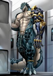 2024 4_toes abdominal_scar abs anthro biceps black_body black_scales chest_scar claws countershading crocodile crocodilian crocodylid cybernetic_arm cybernetic_limb eyebrow_stud feet genitals gold_(metal) gold_tooth green_body green_penis green_scales head_spines hi_res long_penis low-angle_view male muscular muscular_anthro muscular_male obliques penile_spines penis reptile ryuichi_arasaka saft scales scalie scar sharp_teeth shower solo stud_piercing tan_body tan_countershading tan_scales teeth toe_claws toes vein veiny_muscles yellow_sclera