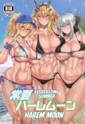 2d 3girls barghest_(gawain)_(fate) barghest_(swimsuit_archer)_(final_ascension)_(fate) big_breasts bikini blonde_hair blue_eyes breasts breasts doujin_cover english_text fate/grand_order fate_(series) grey_eyes grey_hair heterochromia long_hair minibikini morgan_le_fay_(fate) mysterious_heroine_xx_(foreigner) ponytail short_hair taller_girl teaindian thick_thighs tumblr