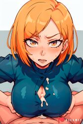 1boy 1girls ai_generated alexmit big_breasts cum female human jujutsu_kaisen kugisaki_nobara male paizuri school_uniform short_hair sweat titjob