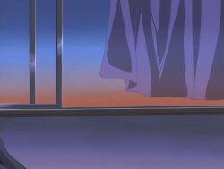 00s 1girls 2001 animated anime_screenshot ass bedroom bible_black bible_black_night_of_the_walpulgiss black_thighhighs brown_hair curtains female green_eyes hair_ornament hugging_own_legs imari_kurumi long_hair open_window pillow school_uniform shirt side_ponytail skirt sunset tagme thighhighs wind