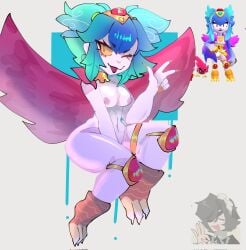 1girls blue_hair brawl_stars breasts harpy_melodie_(brawl_stars) melodie_(brawl_stars) multicolored_hair partially_clothed short_hair sky_blue_hair small_breasts smile solo_female supercell tagme thighs