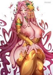aphrodite_(hades) areolae armwear breasts casual casual_nudity cleavage dark_skin exposed_torso female female_only goddess hades_(game) hades_2 hair_ornament human large_breasts legwear lixsium long_hair neckwear nipples nude nudist pink_hair red_eyes solo thighhighs