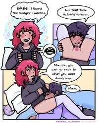 1boy 1girls bed black_hair black_nails blush bottomless carpet_matching_drapes casual_sex comic comic_page cunnilingus dark-skinned_male ear_piercing eating_pussy english_text freckles gaming hoodie light-skinned_female male/female medium_hair nintendo_switch oral oral_sex pillow playing_videogame plus-shaped_pupils pubic_hair pussy pussy_juice red_hair red_pubic_hair saliva short_hair sparkling_eyes speech_bubble stuffed_animal text thighhighs vaginal welcome_to_heaven