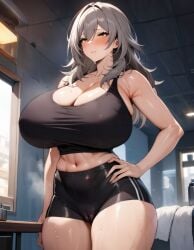 1girls ai_generated alternate_breast_size blush cameltoe cleavage curvy detailed_background exhausted from_side gigantic_breasts grey_hair hand_on_hip hand_towel honkai:_star_rail huge_breasts leggings long_hair looking_away mature_female mihoyo narrow_waist navel shiny_skin solo stable_diffusion standing stelle_(honkai:_star_rail) sweat tank_top taut_clothes thick_thighs towel video_games wide_hips xenomon