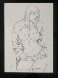 black_and_white booty_shorts choker daniele_torres ed_benes_studio emma_frost female female_only marvel marvel_comics new_x-men pussy_bulge traditional_media_(artwork) white_queen x-men