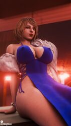 1girls 3d 3d_(artwork) ashley_graham ashley_graham_(ella_freya) ass bhigbhee blonde_hair bracelet breasts capcom cleavage cosplay dress female female_only fur fur_coat genshin_impact hi_res highres huge_breasts looking_at_viewer nipple_bulge resident_evil resident_evil_4 resident_evil_4_remake solo thick_thighs thighs watermark yelan_(genshin_impact)_(cosplay)