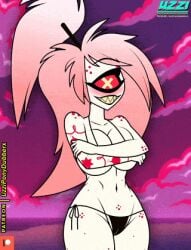 1girls animated arms_crossed arms_crossed_under_breasts big_breasts black_bikini bouncing_breasts breasts cherri_bomb cherri_bomb_(hazbin_hotel) cyclops female_focus female_only freckles freckles_on_body hazbin_hotel long_hair looking_at_viewer red_eye red_hair sharp_teeth smiling_at_viewer sticking_tongue_out tiny_bikini tongue_out uzzi-ponydubberx white_skin