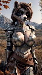 ai_generated animal_ears animal_nose anthro armor artist_name autumn autumn_leaves belt braid breastplate breasts brown_eyes brown_hair chainmail cleavage cowboy_shot day female female_anthro furry furry_female hi_res high_resolution highres large_breasts leaf long_hair looking_at_viewer outdoors pauldrons photorealistic realistic shoulder_armor smile snout solo stable_diffusion tail twitter twitter_username vambraces watermark yiffyjiffy2 yiffyjiffy69