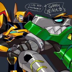 blush bumblebee_(transformers) dinosaur flanco gay grimlock_(transformers) inminent_sex male nervous nervous_expression nervous_face nervous_male nervous_sweat nervous_sweating pussy robot spread_legs spread_pussy spreading sweatdrop transformers valveplug