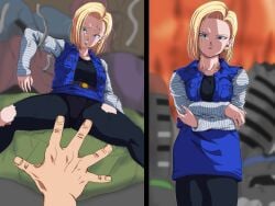 1boy android_18 blonde_hair blue_eyes dragon_ball dragon_ball_z female imminent_death jeans_skirt legs_apart medium_hair mini_person n pantyhose short_hair skirt trunks_(dragon_ball)