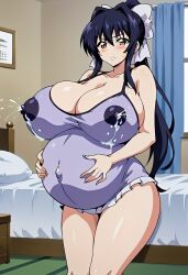 ai_generated angry bedroom black_hair blush chichiiro_toiki cleavage covered_erect_nipples hair_ribbon hairbow huge_breasts indoors kawasumi_sayaka lactation lactation_through_clothes lactation_without_expressing pregnant thick_thighs wide_hips yellow_eyes zakvar