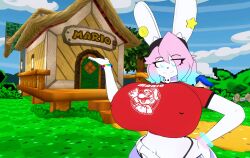 1boy animal_ears big_breasts blue_hair breasts busty_boy furry gradient_hair huge_breasts male_with_breasts mario_(series) original paper_mario peanut_butter_(theycallhimcake) pink_hair print_shirt rabbit rabbit_ears red_shirt theycallhimcake vrchat