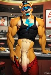 abs ai_generated anthro anthro_male balls biceps big_balls big_penis blush erection five_nights_at_freddy's five_nights_at_freddy's:_security_breach furry gay glamrock_freddy_(fnaf) looking_at_viewer male male_only muscular muscular_male nipples nude_male open_mouth pecs penis showing_penis smile toned_body toned_male twall97 veiny_penis