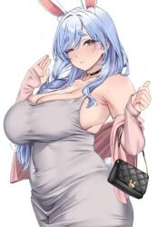 amber_eyes animal_ears armpits blue_hair braid braided_hair breasts bunny_ears bunny_girl choker chubby dress hololive huge_breasts long_hair looking_at_viewer milf moisture_(chichi) navel pekomama purse smile sweat virtual_youtuber wide_hips wink