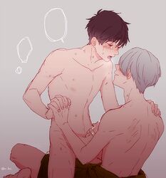 2boys black_hair blush bush erection handjob male_only multiple_boys nude penis penis_grab romantic silver_hair straddling sweat undressing viktor_nikiforov yaoi yuri!!!_on_ice