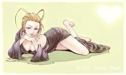 artist_request blonde_hair blue_eyes breasts cleavage disney green_background kingdom_hearts larxene leg_up no_bra nobody_(kingdom_hearts) organization_xiii pinup seductive seductive_look seductive_pose seductive_smile solo square_enix tagme