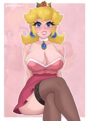 1girls blonde_hair blue_eyes breasts cleavage crossed_legs female female_only garlock mario_(series) nintendo nintendo_switch princess_peach sitting solo