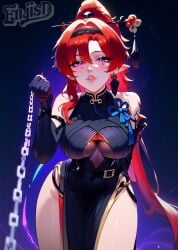 1girl 1girls abs ai_generated big_breasts blush breasts enjisd female femdom from_below leashed_pov light-skinned_female light_skin long_hair looking_at_viewer pov red_hair thick_thighs viewer_pov wuthering_waves yinlin_(wuthering_waves)