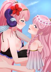 2girls alternate_costume asymmetrical_docking avoiding_eye_contact bikini black_bikini black_swimsuit blush fire_emblem fire_emblem_awakening fire_emblem_heroes horns large_breasts medium_breasts nerthuz_(fire_emblem) nerthuz_(summer)_(fire_emblem) nintendo official_alternate_costume olivia_(fire_emblem) olivia_(summer)_(fire_emblem) patty_ojisan pink_hair purple_eyes swimsuit yuri