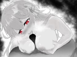 1boy alternate_eye_color artist_request blush breasts fellatio female grabbing_own_breast greyscale grimms_notes hair_ribbon highres large_breasts long_hair looking_at_penis messy_hair monochrome nude oral paizuri penis pov princess_aurora_(grimms_notes) pubic_hair red_eyes ribbon straight tongue