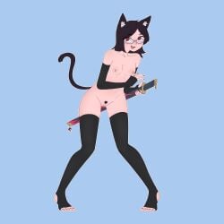 alternate_version_available black_hair bush cat_ears cat_tail catgirl clothed_female final_fantasy_xiv fingerless_gloves glasses gloves hiivenn_(artist) katana kyoka_akazome miqo'te nude pubic_hair red_eyes stirrup_legwear toeless_legwear