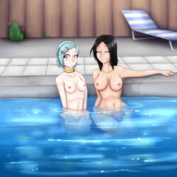 2girls aqua_hair arm_at_side arm_rest bare_shoulders beach_chair black_hair blush breasts brown_eyes chair collarbone creaturecola embarrassed eureka eureka_seven facial_tattoo female female_only hair_ornament hairclip half-closed_eyes highres large_breasts looking_at_viewer medium_breasts multiple_girls navel neck neck_ring nipples outdoors parted_lips partially_submerged pool purple_eyes short_hair side-by-side sitting smile talho_yuki tattoo topless water