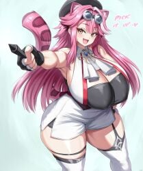 cat_ears cat_tail hololive hololive_english hololive_english_-justice- huge_breasts jadf pink_hair pointing raora_panthera tablet_pen thick_thighs virtual_youtuber