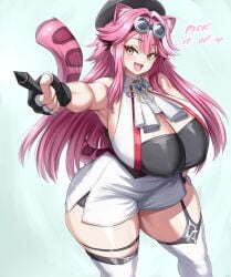 1girl breasts_bigger_than_head cat_ears cat_tail hololive hololive_english hololive_english_-justice- huge_breasts jadf pink_hair pointing raora_panthera solo tablet_pen thick_thighs virtual_youtuber