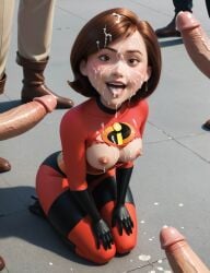 1girls 3boys ai_generated breasts_out brown_eyes brown_hair bukkake cum cum_drip cum_on_body cum_on_breasts cum_on_face cum_on_tongue disney elastigirl facial female gloves helen_parr looking_at_viewer male milf mommy on_knees open_mouth penis pixar pixar_mom ripped_clothing ripped_uniform short_hair surrounded_by_penises the_incredibles the_incredibles_2 uniform