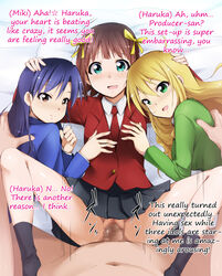 ! ... 1boy 3girls ? ahoge amami_haruka blazer blonde_hair blue_hair blush brown_eyes brown_hair censored clothed_sex english green_eyes hair_ribbon hand_on_another's_head hand_on_head hard_translated highres hoshii_miki hug idolmaster jacket kaiga kisaragi_chihaya long_hair long_legs lying missionary multiple_girls namassuka!_yariman_day2 necktie no_panties on_back on_side open_mouth penis petite pov pussy ribbon school_uniform sex short_hair skirt smile spread_legs straight translated vaginal_penetration