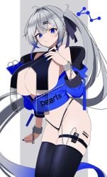 arm_at_side blue_eyes blue_jacket blue_nails breast_curtains cuffs grey_hair hairclip hand_on_breast handcuffs huge_breasts jacket nail_polish one_arm_up open_jacket painted_nails side_ponytail thick_thighs thigh_strap thighhighs thong very_long_hair vibrator wide_hips zipper