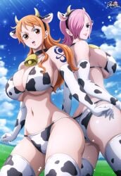 2girls ai_generated ass big_ass big_breasts bikini breasts cleavage cow_horns cow_print cowbell cowprint cowprint_bikini dat_ass female female_only huge_breasts jemmasoria long_hair nami one_eye_obstructed one_piece orange_hair outdoors outside pink_hair post-timeskip short_hair tattoo thick_thighs thighhighs vinsmoke_reiju wide_hips