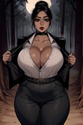 1girls ai_generated big_breasts boob_window breasts choker cleavage daidouji_(artist) daidoujipv dbd dead_by_daylight hair_bun jacket jane_romero looking_at_viewer pov short_hair thick_thighs thighs