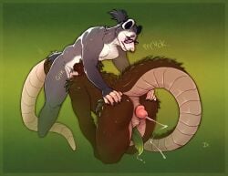 2023 all_the_way_through american_opossum animal_genitalia anthro belly_nipples big_penis black_claws blush bodily_fluids border brown_body brown_scales claws cuff_(restraint) cum cumshot dialogue dripping duo ejaculation english_text eyewear fellatio fluffy_neck_fur fur genital_fluids genital_slit genitals glasses gradient_background gradient_penis green_background green_border green_markings green_penis grey_body grey_fur grey_hair hair hi_res huge_cock hyper hyper_genitalia hyper_long_penis hyper_penis interkos kinktober long_tail male male/male mammal markings marsupial nipples onomatopoeia oral penetration penile penis penis_between_thighs pink_fingers pink_nipples pink_nose pink_penis_tip ponytail precum precum_drip profanity reptile restraints reverse_anal scaled_body scales scalie sex simple_background sketchy snaggle_tooth snake sound_effects tail tail_cuff tan_body tan_scales text viper wearing_glasses white_body white_fur white_markings