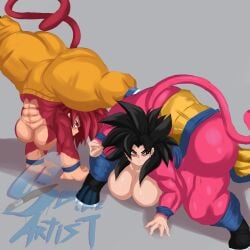 2girls abs big_arms black_hair cel_shading dragon_ball dragon_ball_daima dragon_ball_gt fur gigantic_ass gray_background hair handband handstand_with_split_pose looking_at_viewer monkey_girl monkey_tail pants_only red_eyes red_fur red_hair revealing_breasts rule_63 same_person shoes snowyblue son_goku super_saiyan_4 tail_markings thick_thighs watermark yellow_eyes