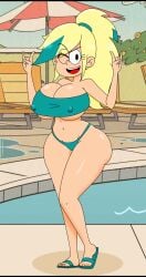 1girls 2d blonde_hair erect_nipples ferozyraptor looking_at_viewer nipple_bulge nipples_visible_through_bra ponytail poolside short_hair solo the_loud_house thighs