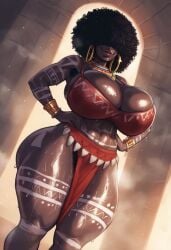 african african_female afro ai_generated armpit_hair armpits ass big_ass big_breasts big_hair big_lips big_thighs black_hair body_paint bracelets bracers breasts cleavage curly_hair dark-skinned_female dark_skinned_female dutch_angle earrings eyes_covered female female_pubic_hair hair_covering_eyes hair_over_eyes hairy_pussy hands_on_own_hips hoop_earrings hoop_earrings_oversized huge_breasts large_ass large_breasts large_lips large_thighs lips longcloth midriff navel no_panties pantyless plump_lips red_cloth shiny smile smug solo standing steamy sweat sweaty thick_thighs toned_female tribal tribal_markings very_dark-skinned_female verynormalguy white_body_markings white_paint wide_hips