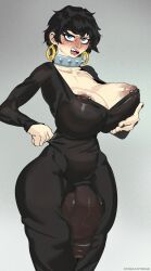 1futa areola areola_slip areolae balls big_balls big_breasts black_dress black_fingernails black_hair blue_eyes breasts bulge_through_clothing clevage clothed clothing doll_(one_piece) dress flaccid fully_clothed futa_only futanari gold_earrings gold_jewelry goth gynomorph hoop_earrings huge_breasts huge_cock huge_penis human light-skinned_futanari light_skin nipple_piercing nipples no_bra one_piece penis pierced_nipples presenting_breasts puffy_nipples red_lipstick short_hair skin_tight_dress solo spiked_collar standing streachybear wide_hips